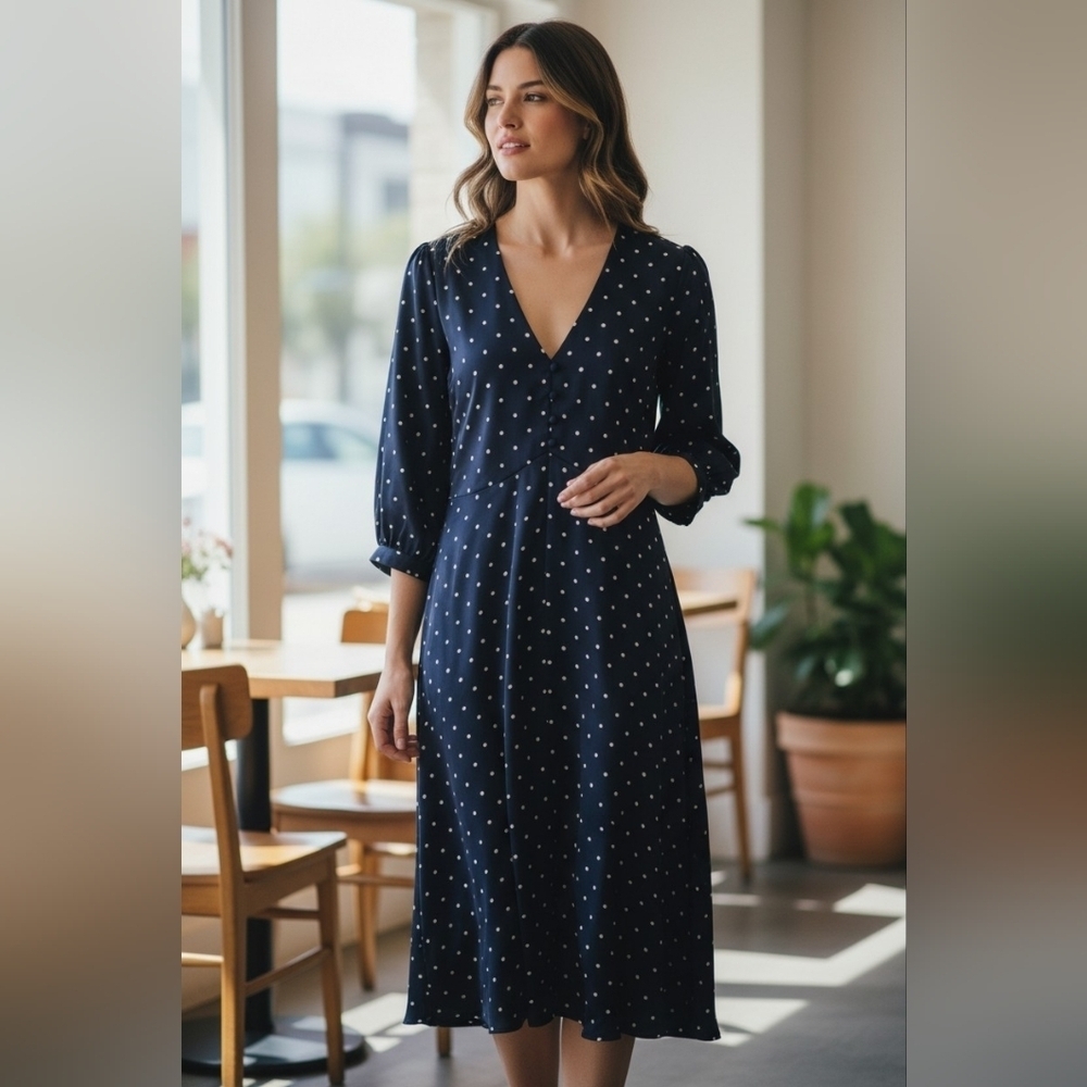 Express Navy Polka Dot Satin Midi Flare Dress Size 10 V-Neck Puff Sleeves NWT